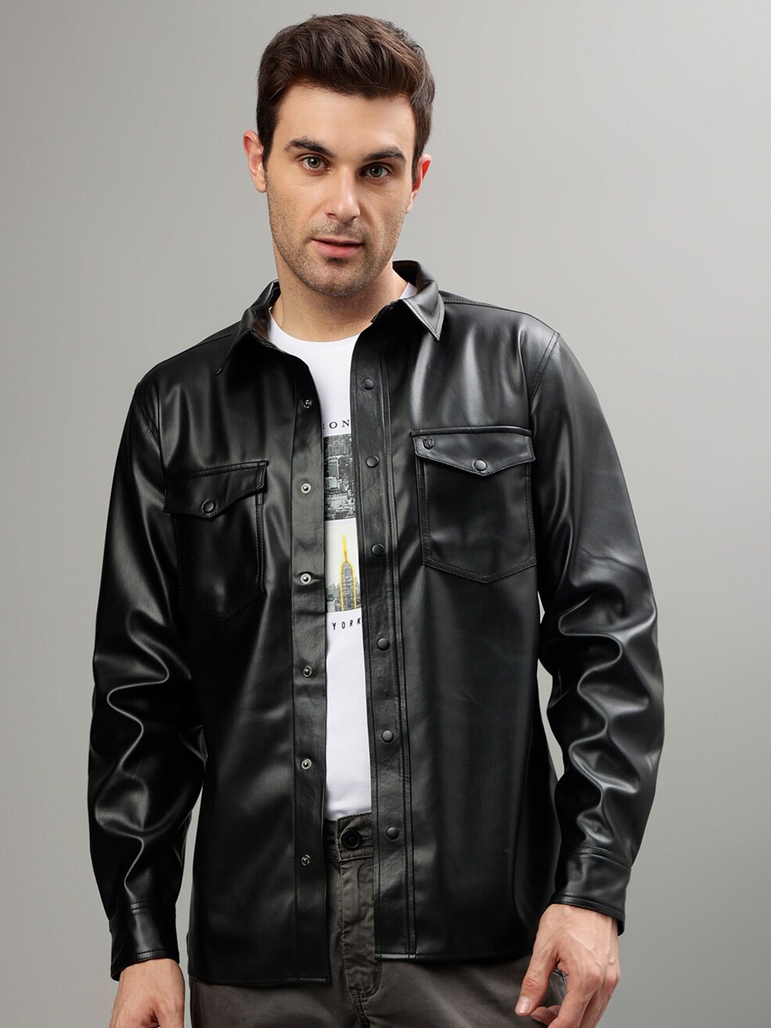 

Iconic Spread Collar Leather Jacket, Black