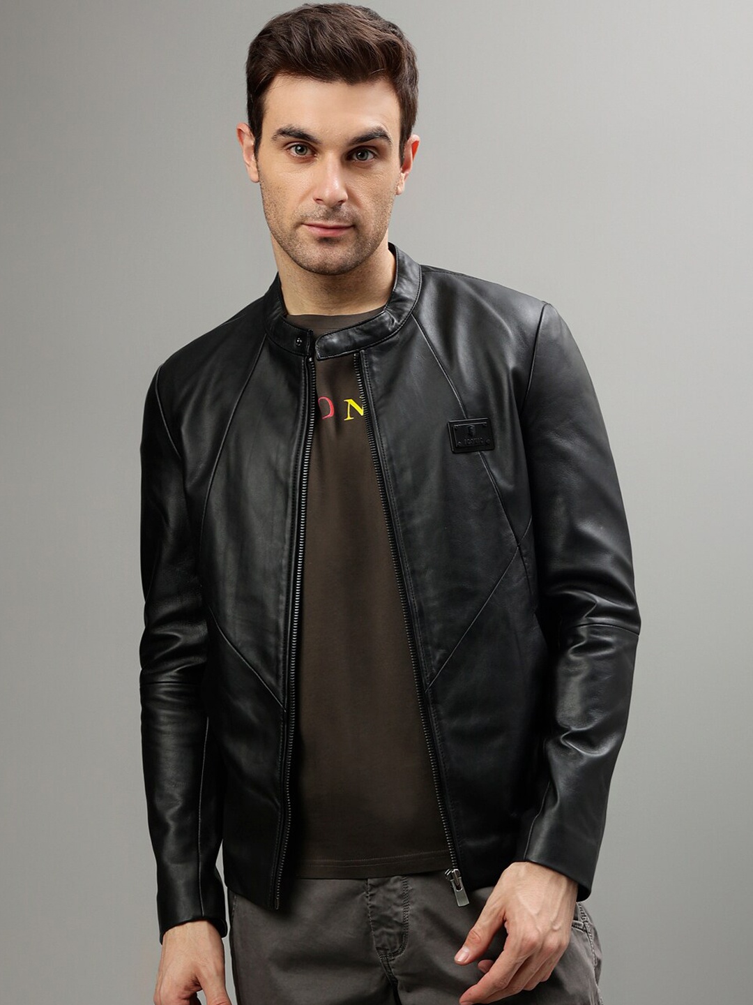 

Iconic Mock Collar Biker Jacket, Black