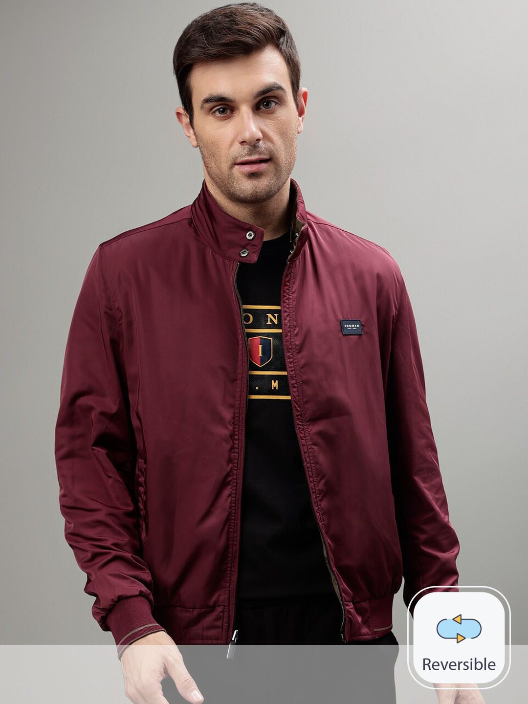 

Iconic Mock Collar Long Sleeves Reversible Padded Jacket, Maroon