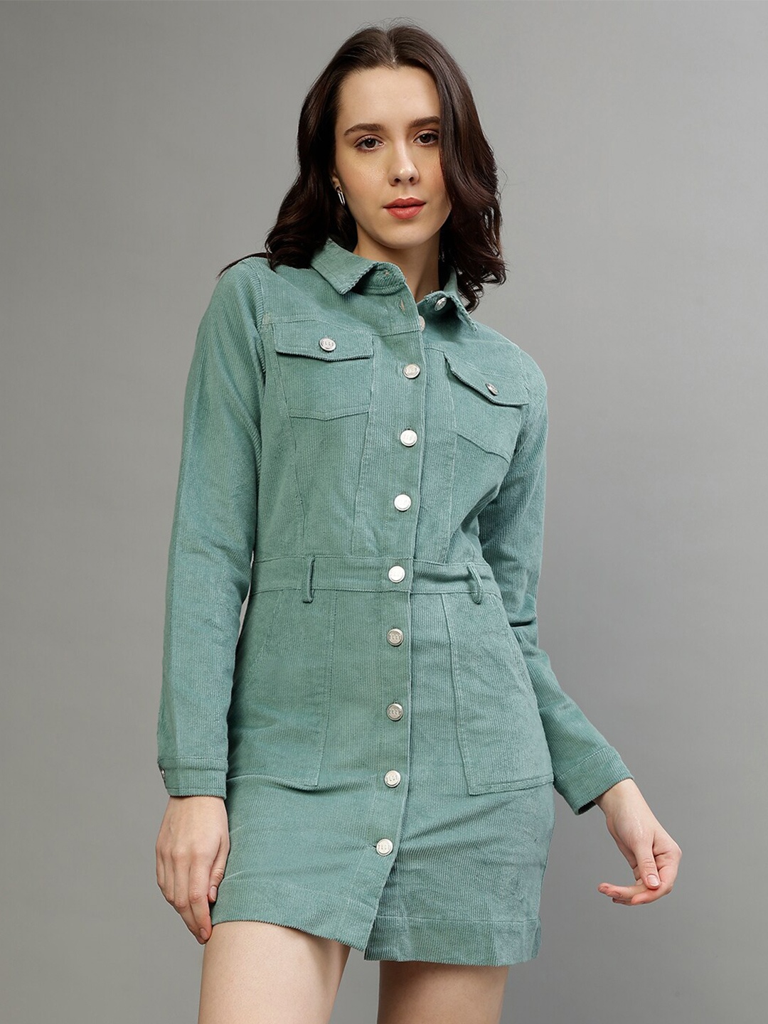 

ELLE Full Sleeves Pure Cotton Shirt Style Dress, Sea green