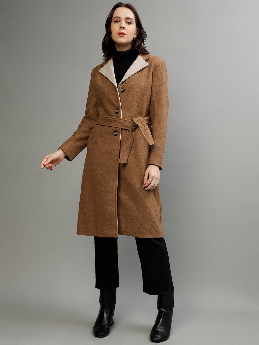 

ELLE Notched-Lapel Single-Breasted Overcoat With Belt, Brown