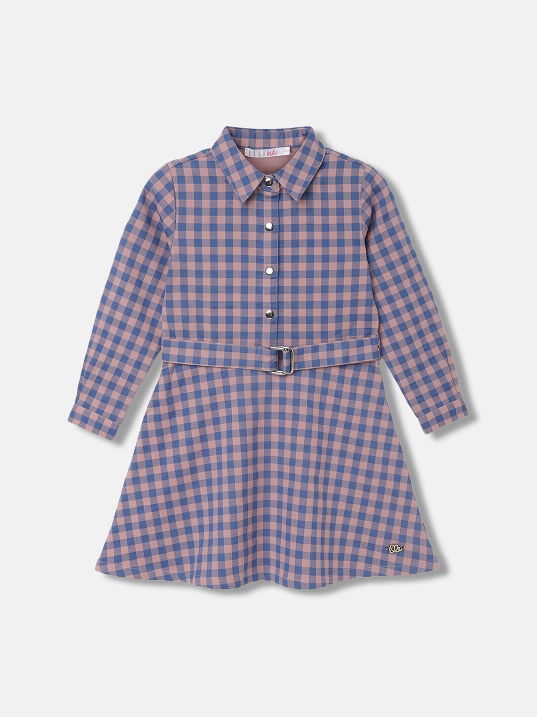 

ELLE Girls Checked Shirt Collar Cuffed Sleeves Pure Cotton Shirt Dress, Blue