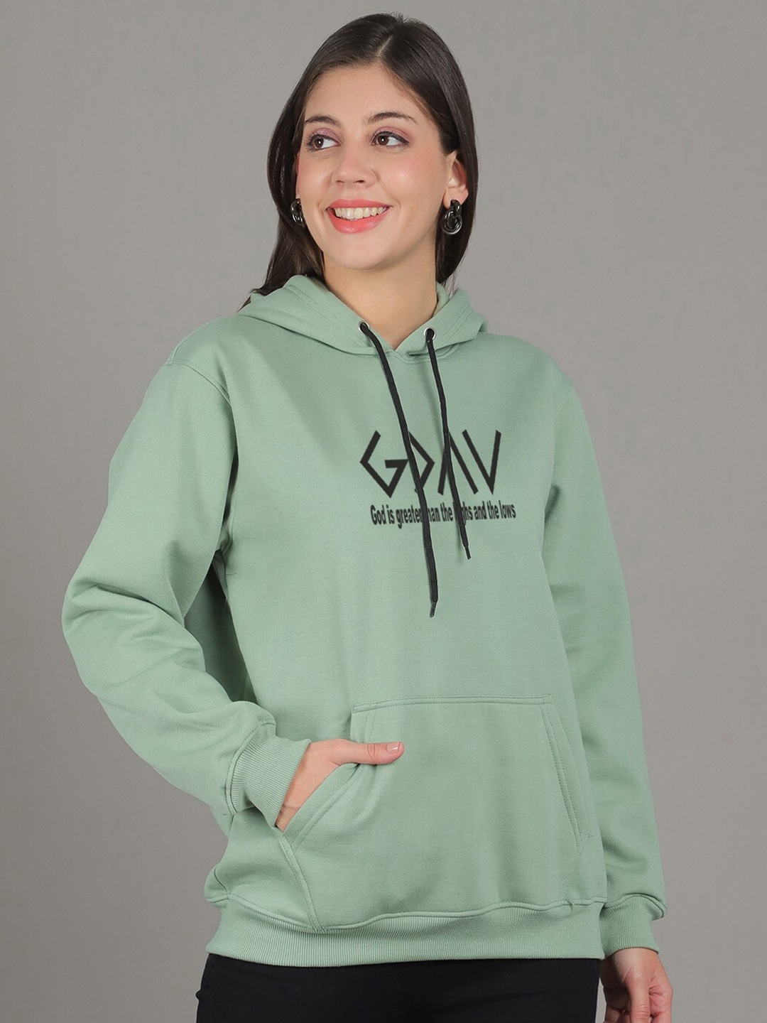 

GRACIT Typography Printed Hooded Fleece Pullover, Sea green