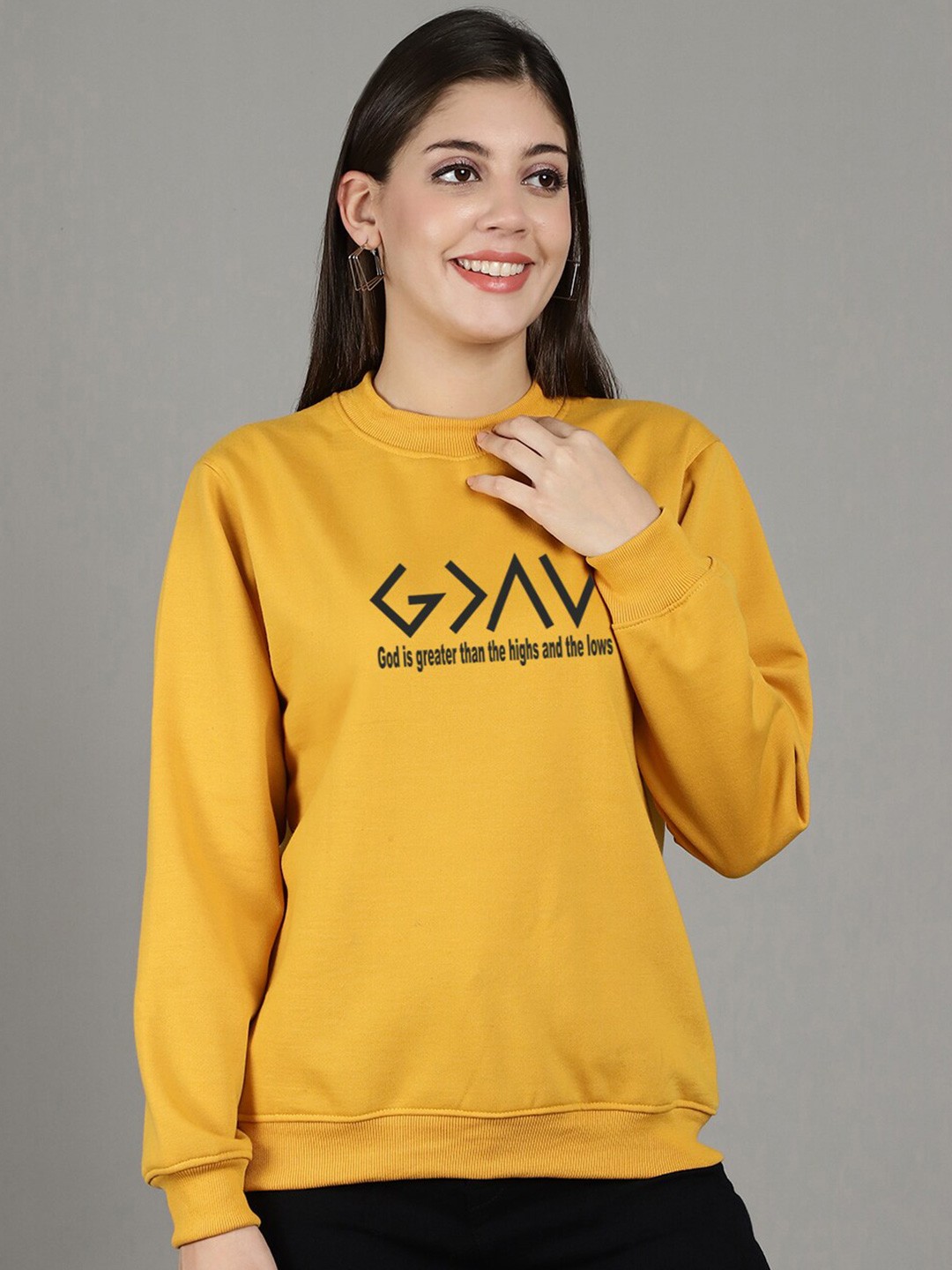 

GRACIT Typography Printed Fleece Pullover, Mustard