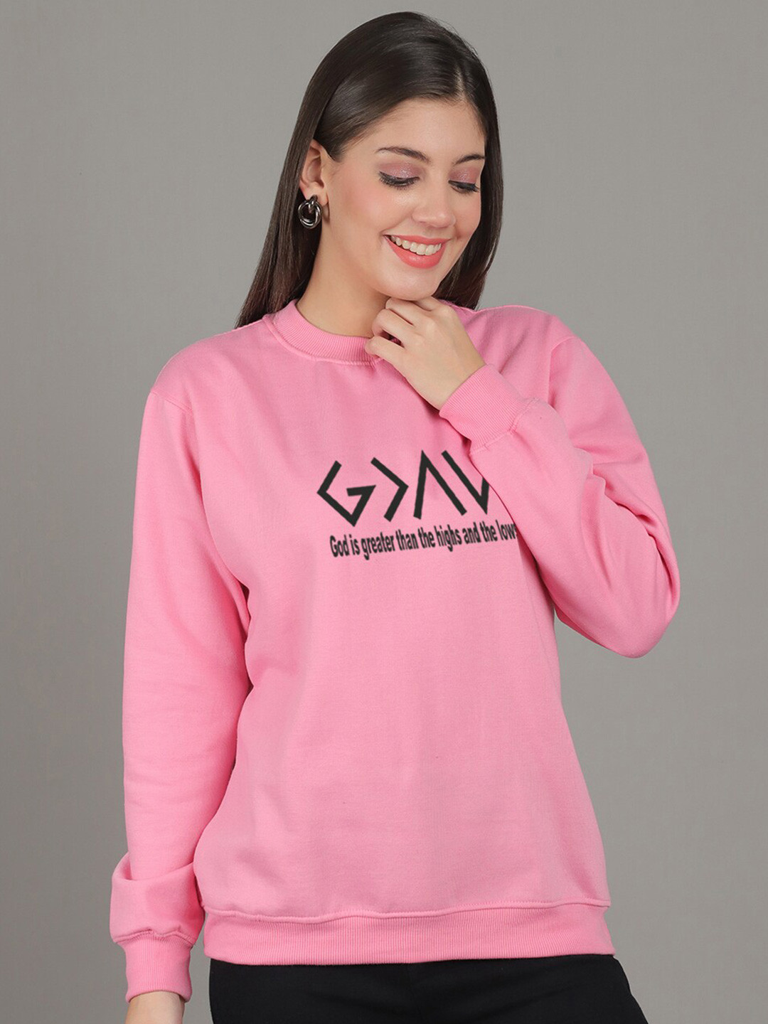 

GRACIT Typography Printed Fleece Pullover, Pink