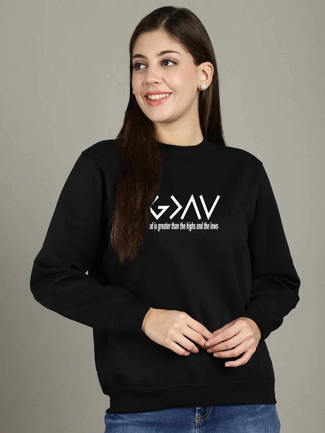 

GRACIT Typography Printed Fleece Pullover, Black
