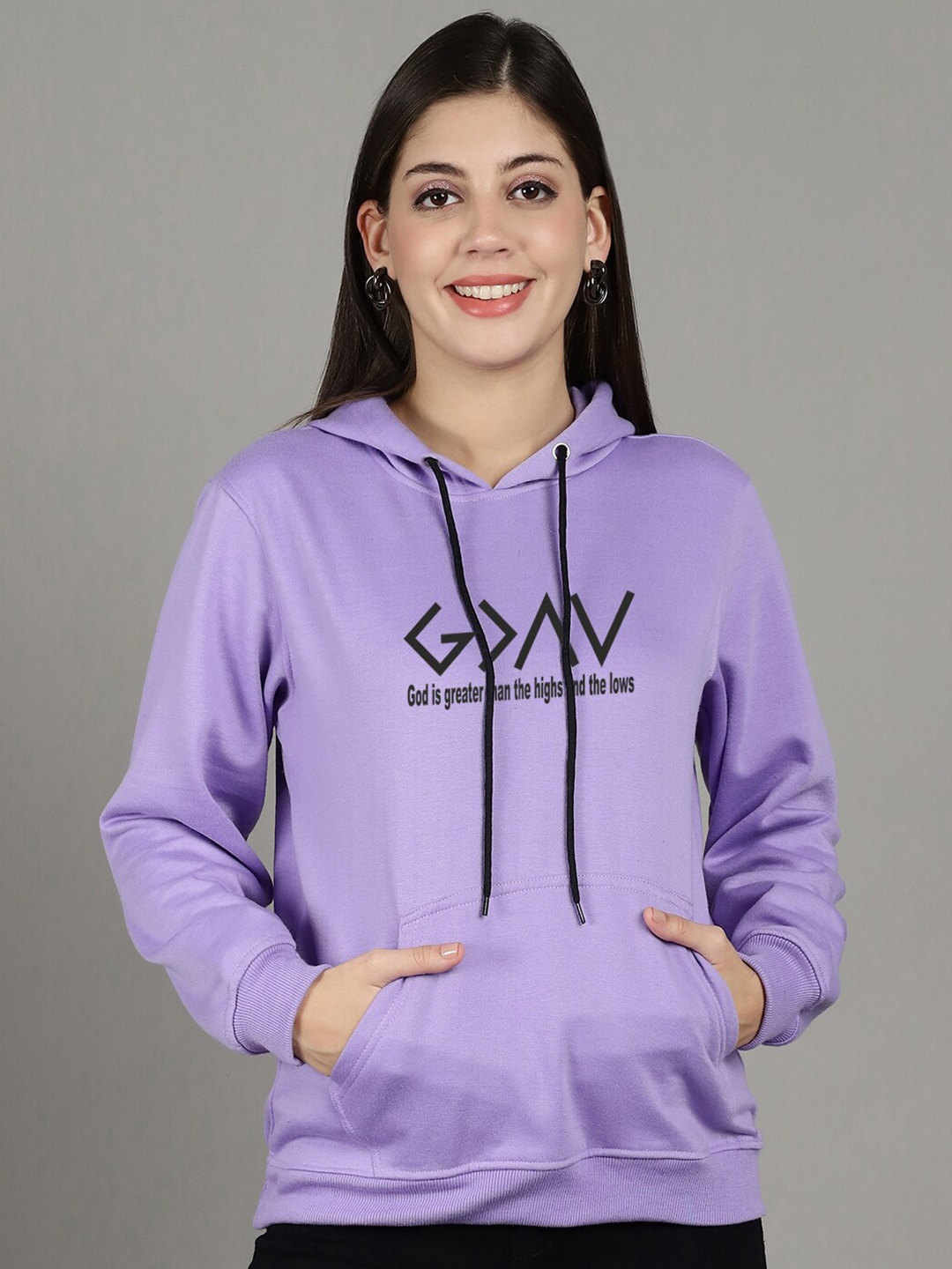 

GRACIT Typography Printed Hooded Fleece Pullover, Purple