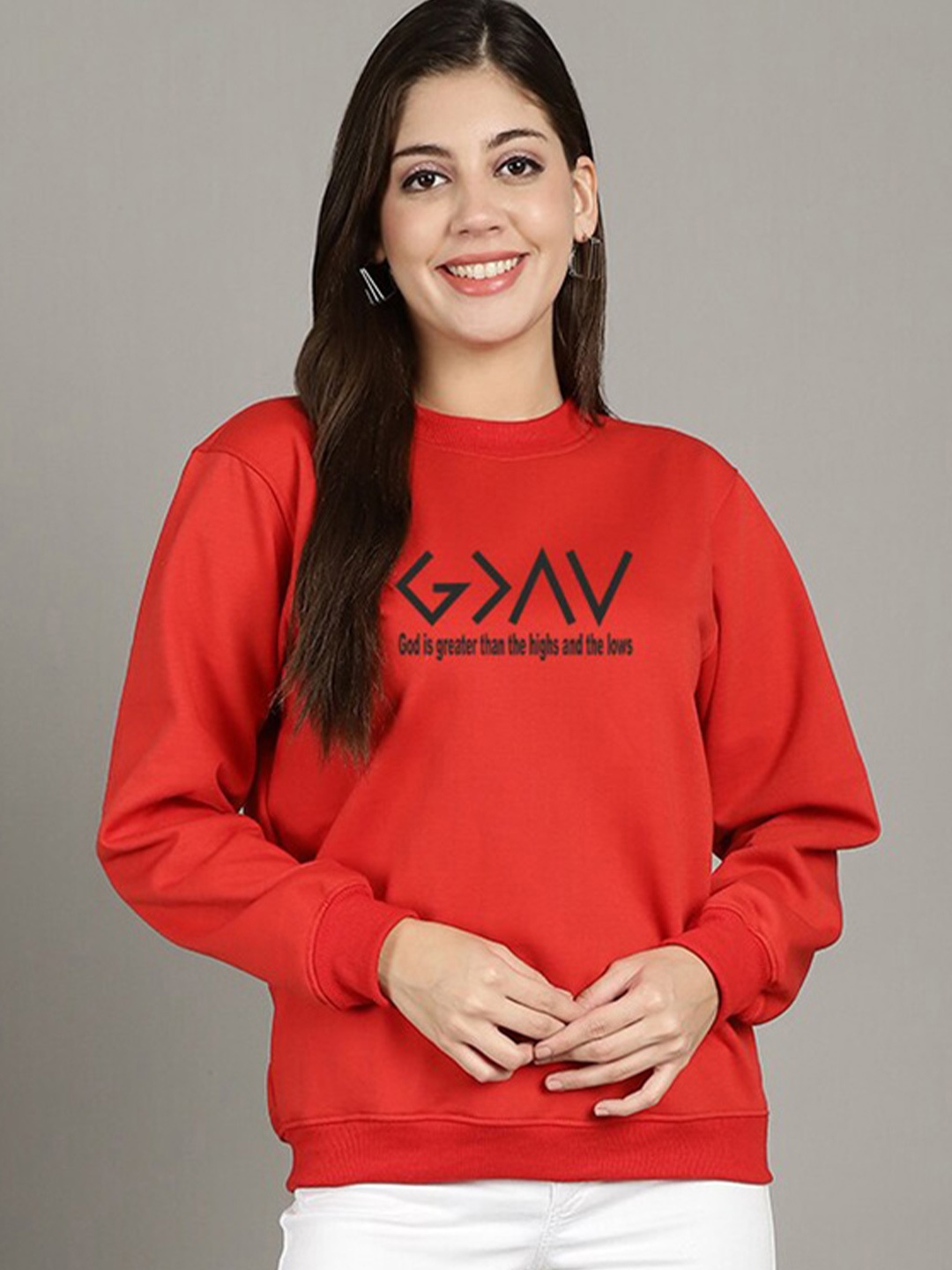 

GRACIT Typography Printed Fleece Pullover Sweatshirt, Red