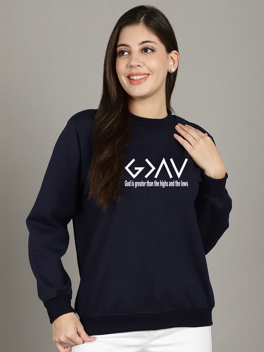

GRACIT Typography Printed Fleece Pullover, Navy blue