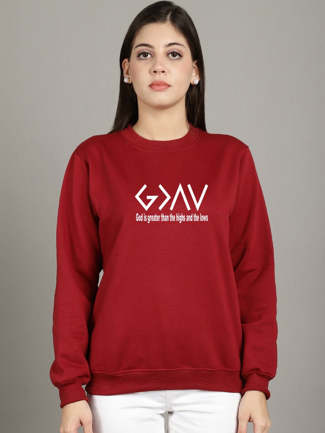 

GRACIT Typography Printed Fleece Pullover Sweatshirt, Maroon