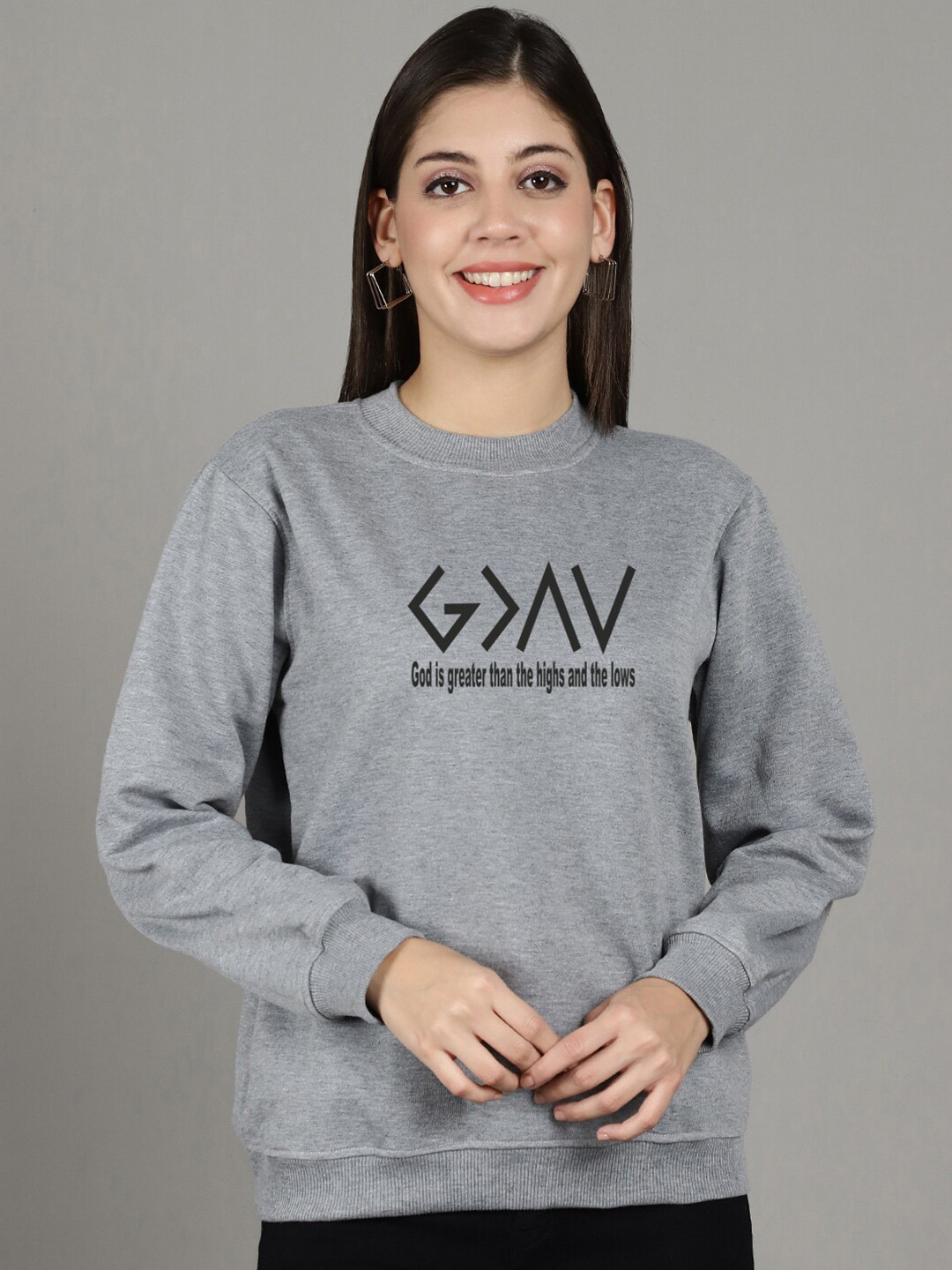 

GRACIT Typography Printed Round Neck Fleece Pullover, Grey