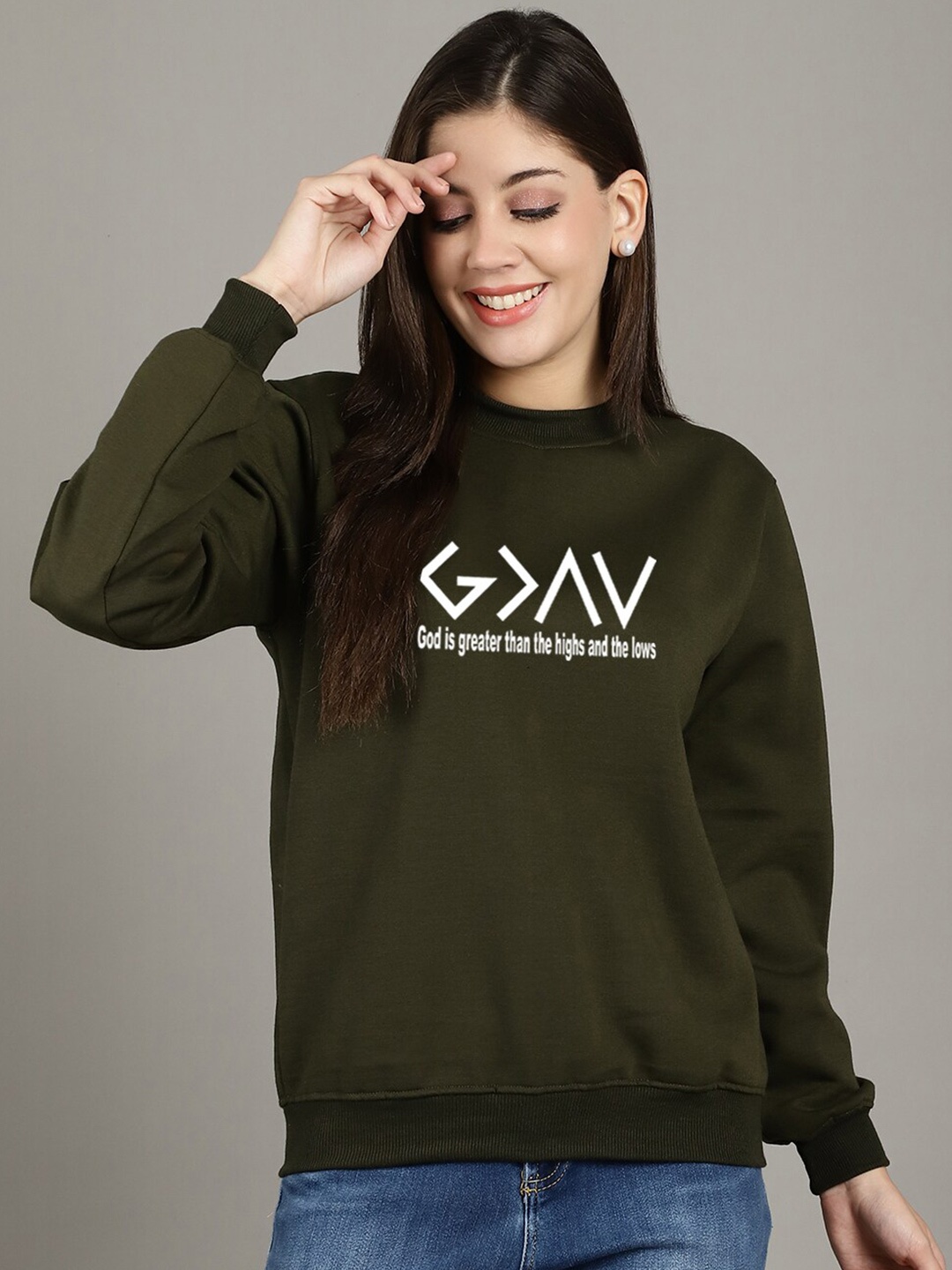 

GRACIT Typography Printed Fleece Pullover, Olive