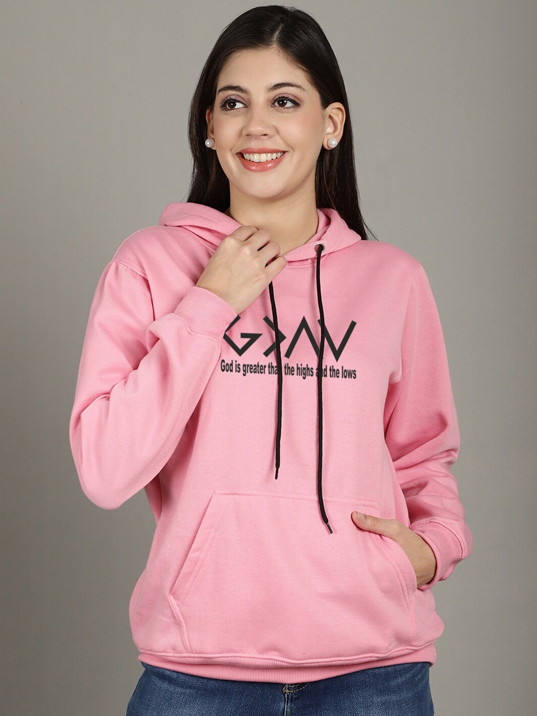 

GRACIT Typography Printed Hooded Fleece Pullover Sweatshirt, Pink
