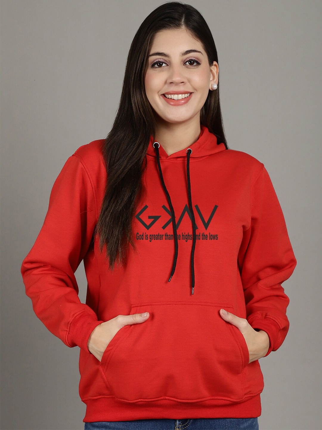 

GRACIT Typography Printed Hooded Fleece Pullover Sweatshirt, Red