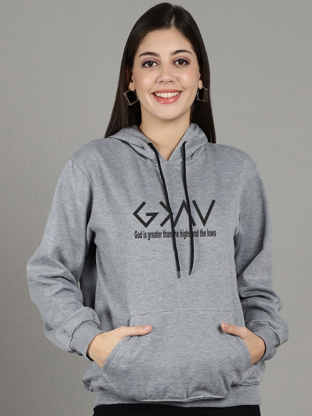 

GRACIT Typography Printed Hooded Fleece Pullover Sweatshirt, Grey