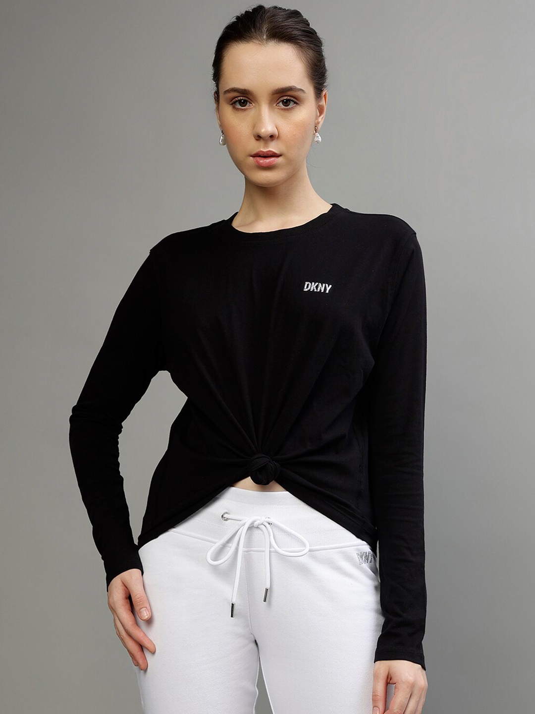 

DKNY Long Sleeves Pure Cotton Casual T-shirt, Black