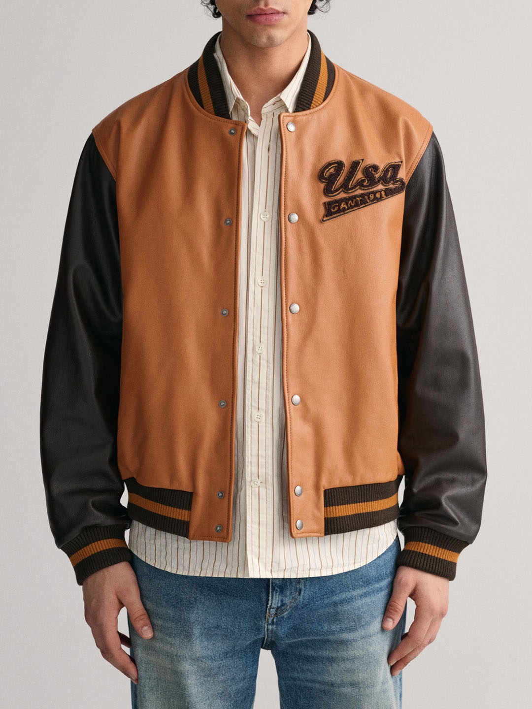 

GANT Graphic Printed Stand Collar Leather Bomber Jacket, Brown