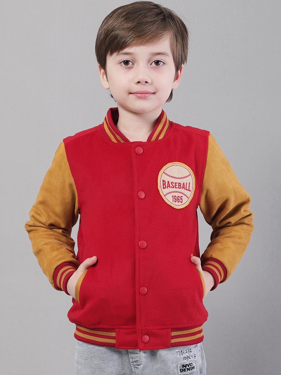 

HOUSE OF VEDAS Boys Lightweight Bomber Jacket With Patchwork, Red