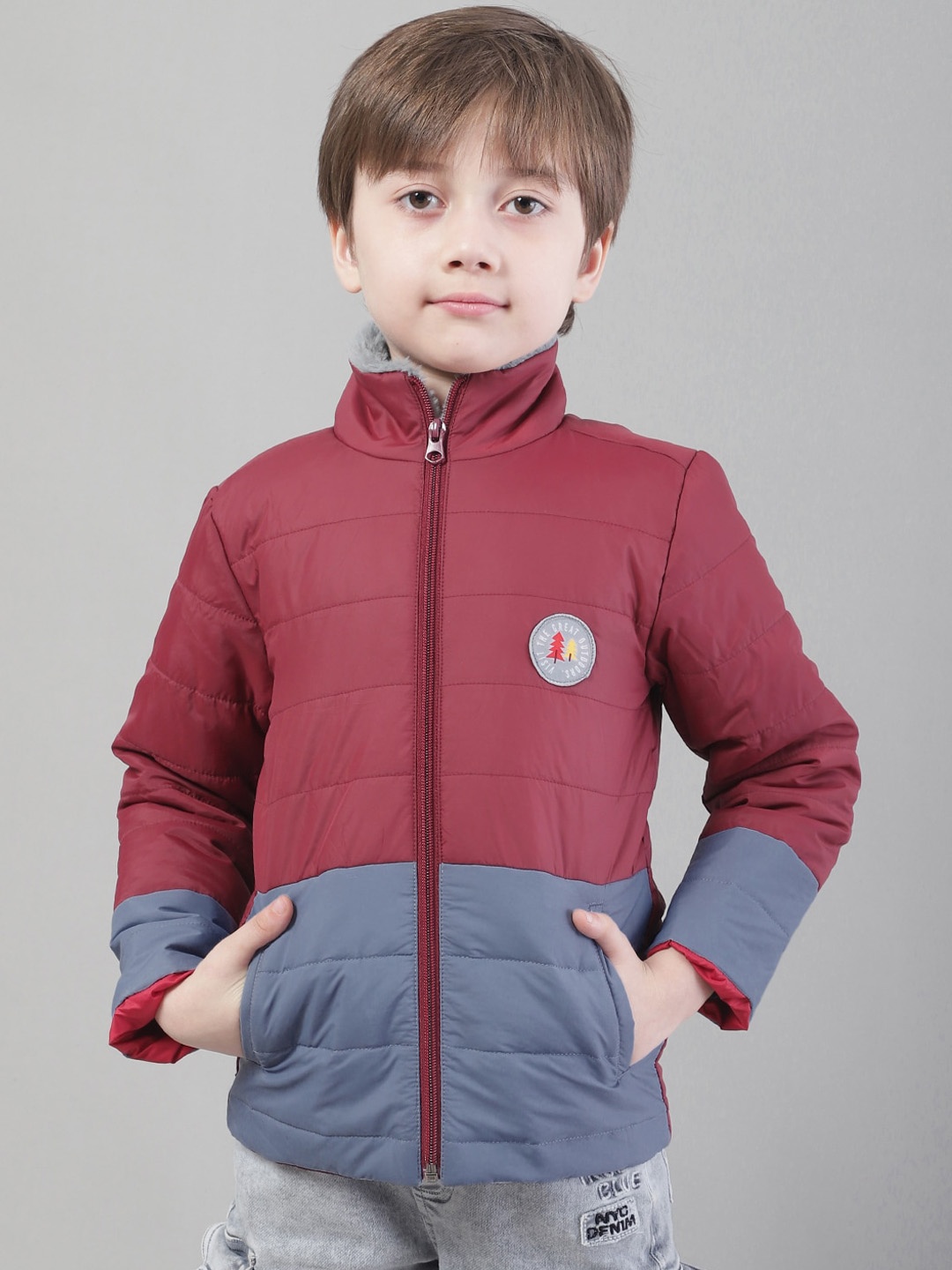 

HOUSE OF VEDAS Boys Colourblocked Mock Collar Long Sleeve Lightweight Padded Jacket, Grey