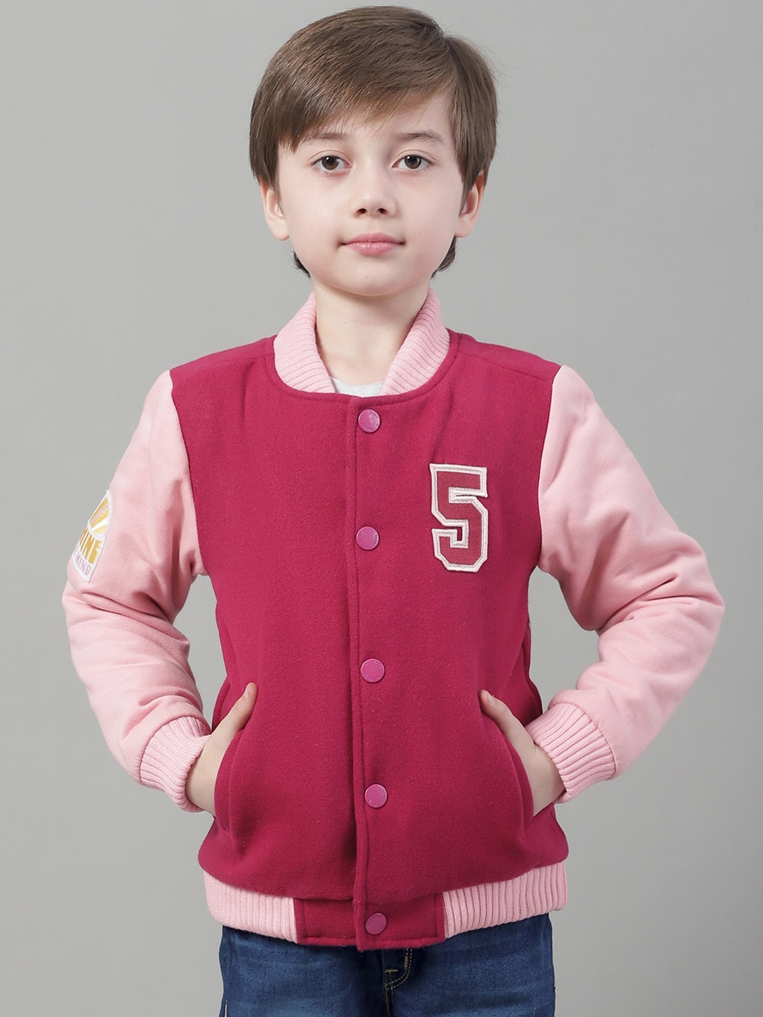 

HOUSE OF VEDAS Boys Colourblocked Mandarin Collar Zip Detail Lightweight Varsity Jacket, Pink