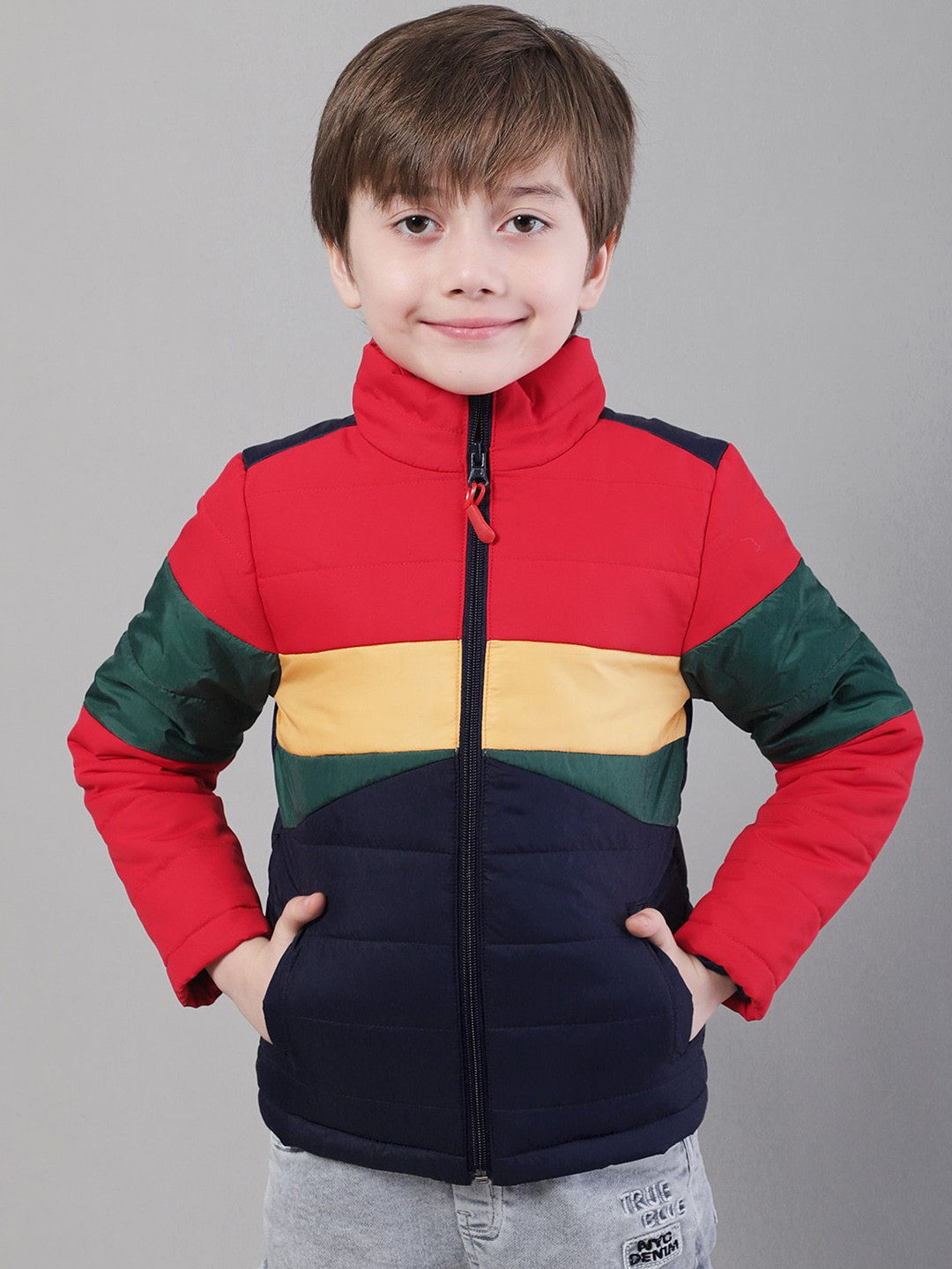 

HOUSE OF VEDAS Boys Colourblocked Mock Collar Lightweight Puffer Jacket, Navy blue