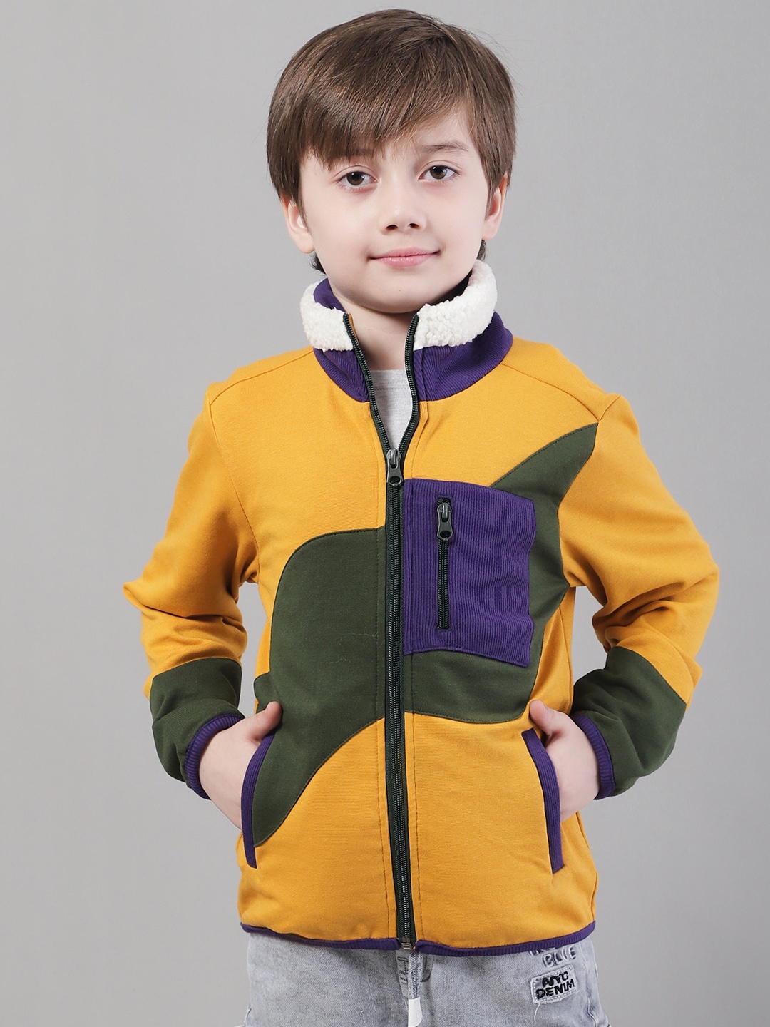 

HOUSE OF VEDAS Boys Colourblocked Mock Collar Lightweight Bomber Jacket, Yellow
