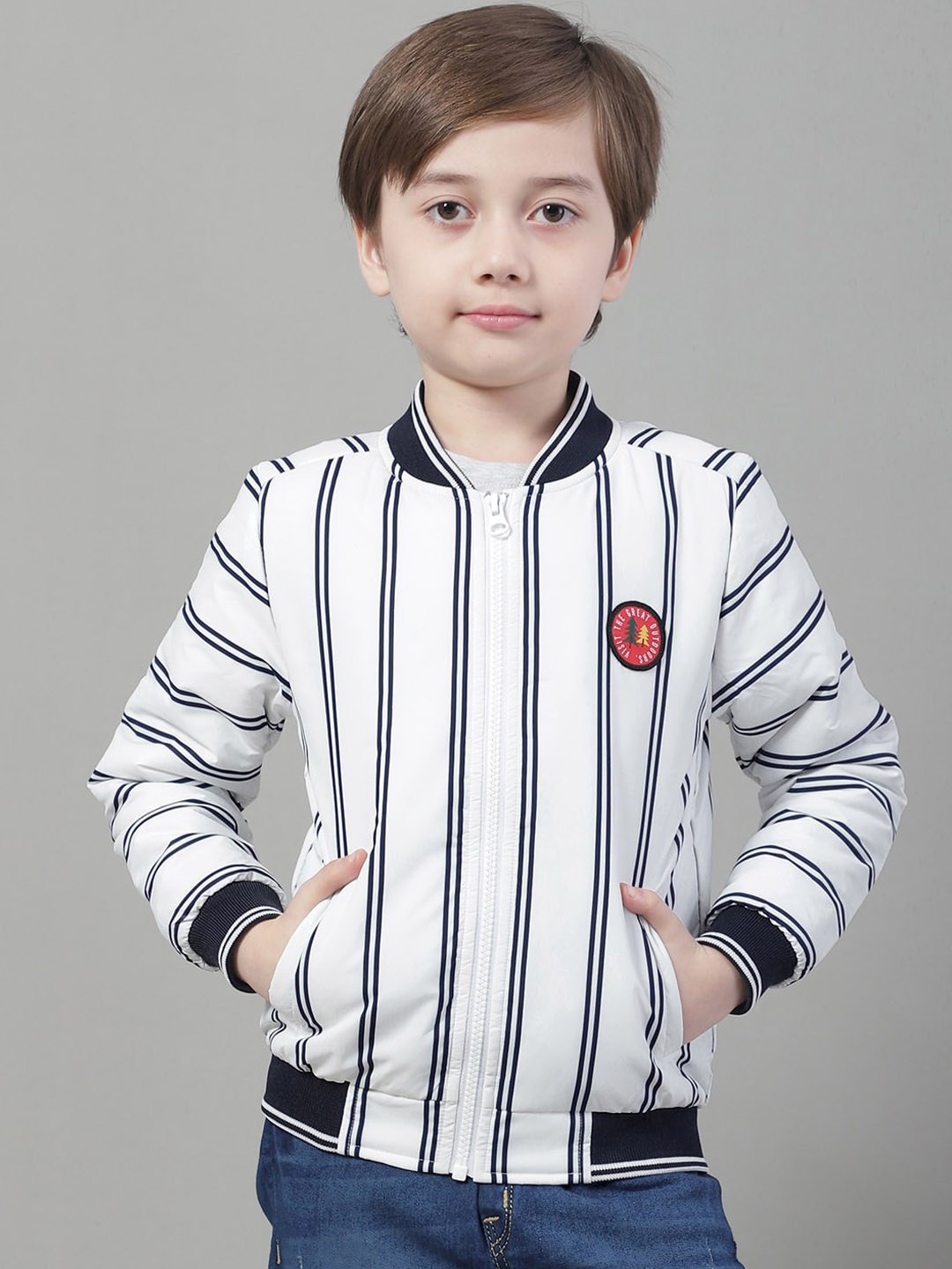 

HOUSE OF VEDAS Boys Striped Lightweight Bomber Jacket, White