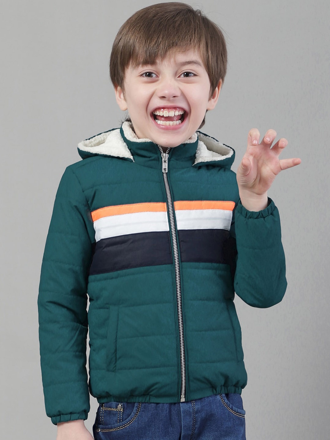 

HOUSE OF VEDAS Boys Striped Hooded Lightweight Padded Jacket, Teal