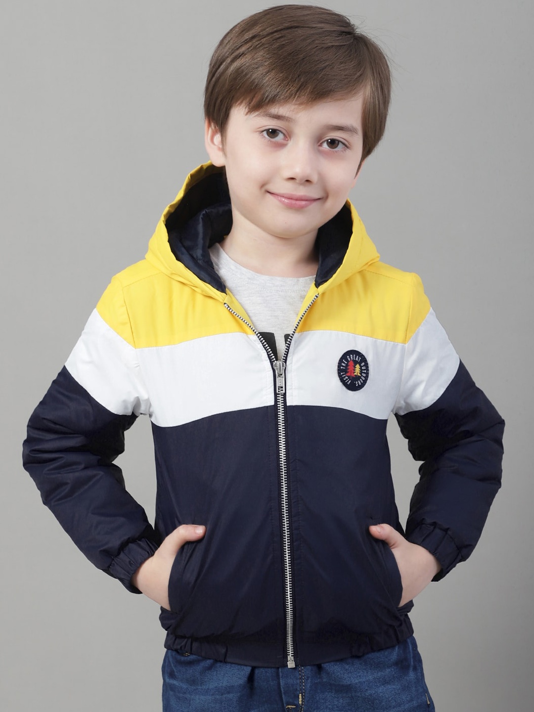 

HOUSE OF VEDAS Boys Colourblocked Hooded Lightweight Padded Jacket, Navy blue