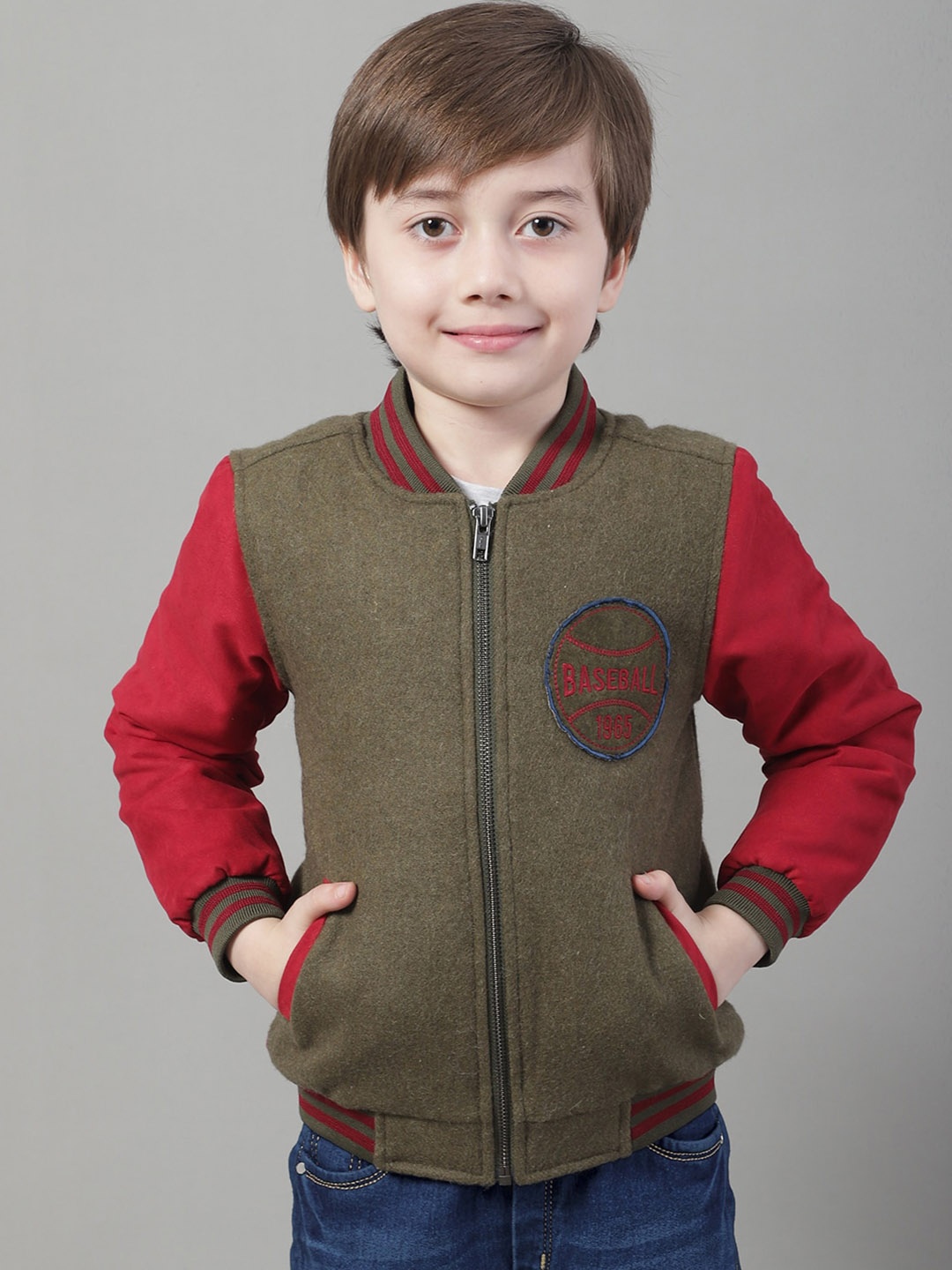

HOUSE OF VEDAS Boys Lightweight Varsity Jacket, Olive