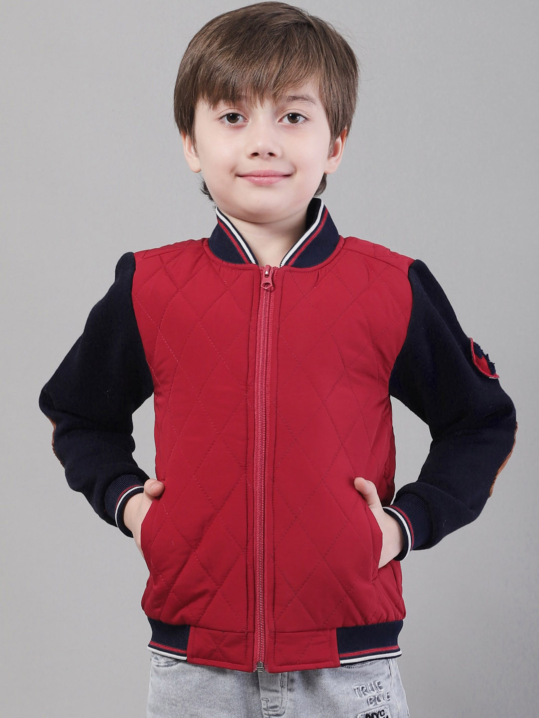 

HOUSE OF VEDAS Boys Colourblocked Mandarin Collar Zip Detail Lightweight Varsity Jacket, Red