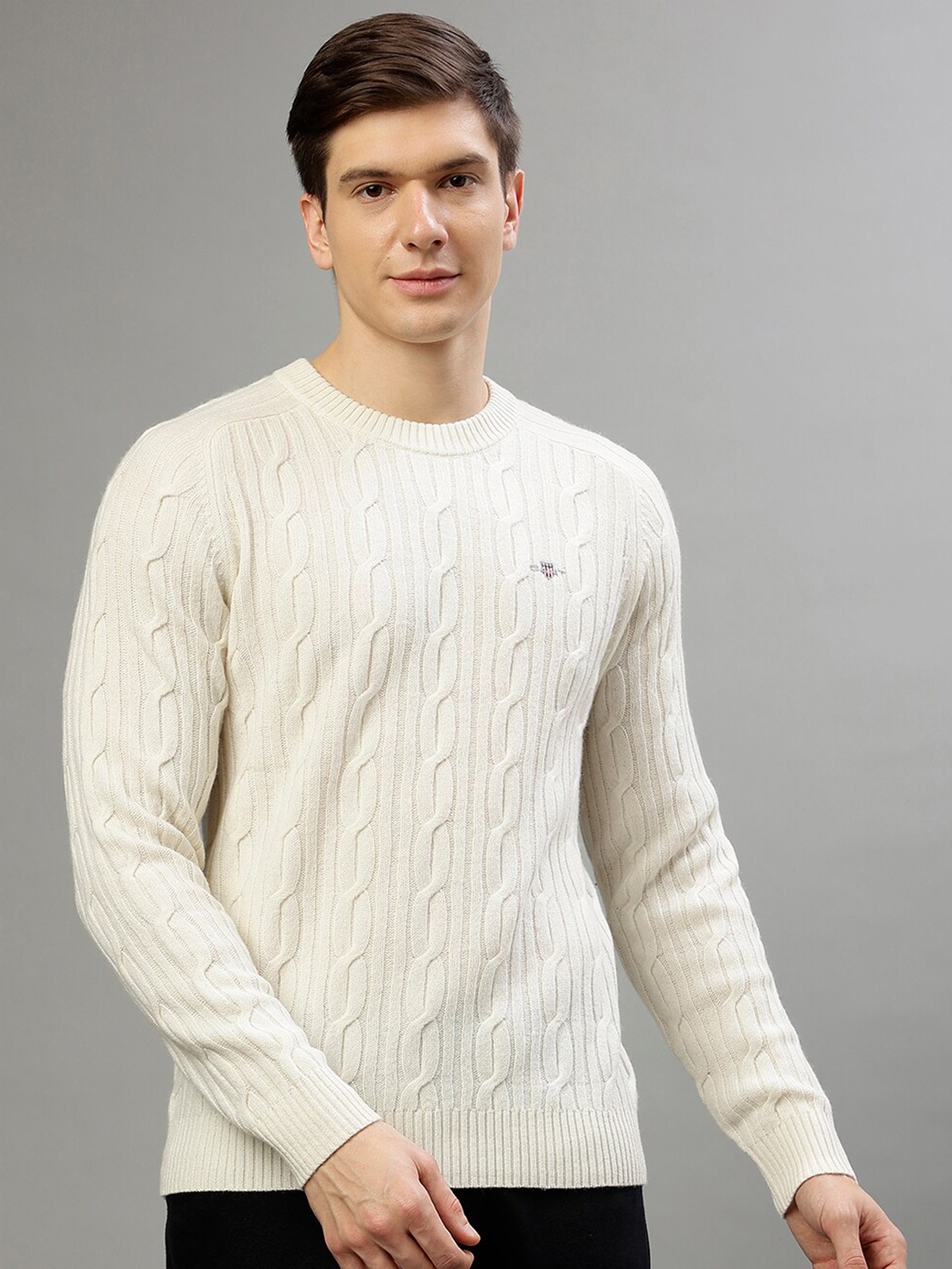 

GANT Cable Knit Round Neck Pullover Sweater, Cream