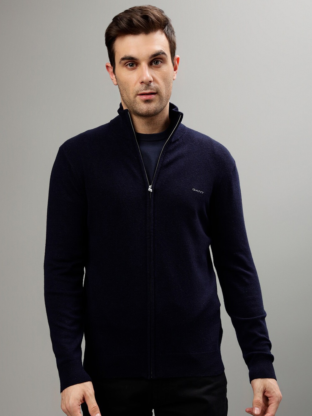 

GANT Mock Collar Front-Open Sweater, Blue