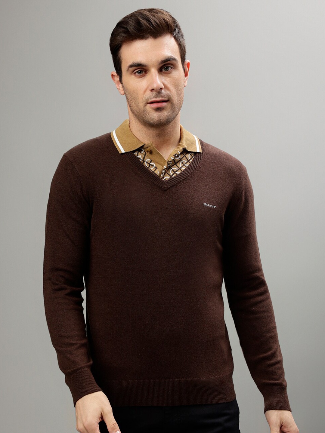 

GANT V-Neck Woollen Pullover Sweater, Brown