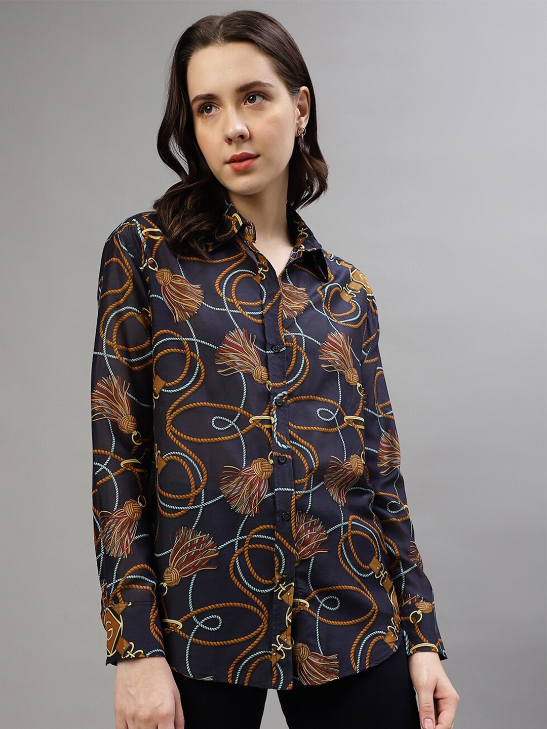 

GANT Boxy Conversational Printed Spread Collar Cotton Silk Casual Shirt, Navy blue
