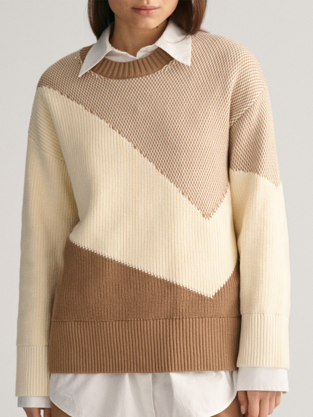 

GANT Colourblocked Pure Cotton Long Sleeves Pullover Sweater, Beige
