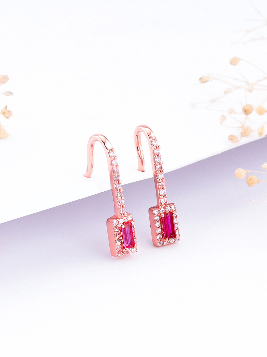 

GIVA 925 Sterling Silver Rose Gold-Plated Stone-Studded Contemporary Drop Earrings