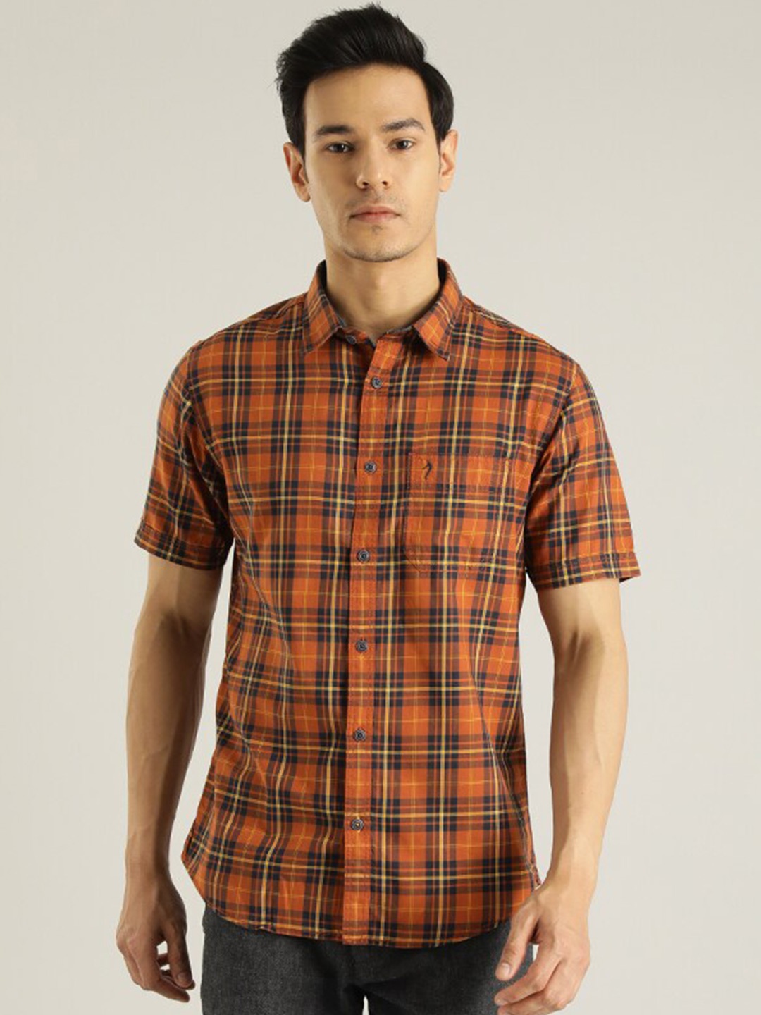 

Indian Terrain Slim Fit Tartan Checked Short Sleeves Casual Shirt, Orange