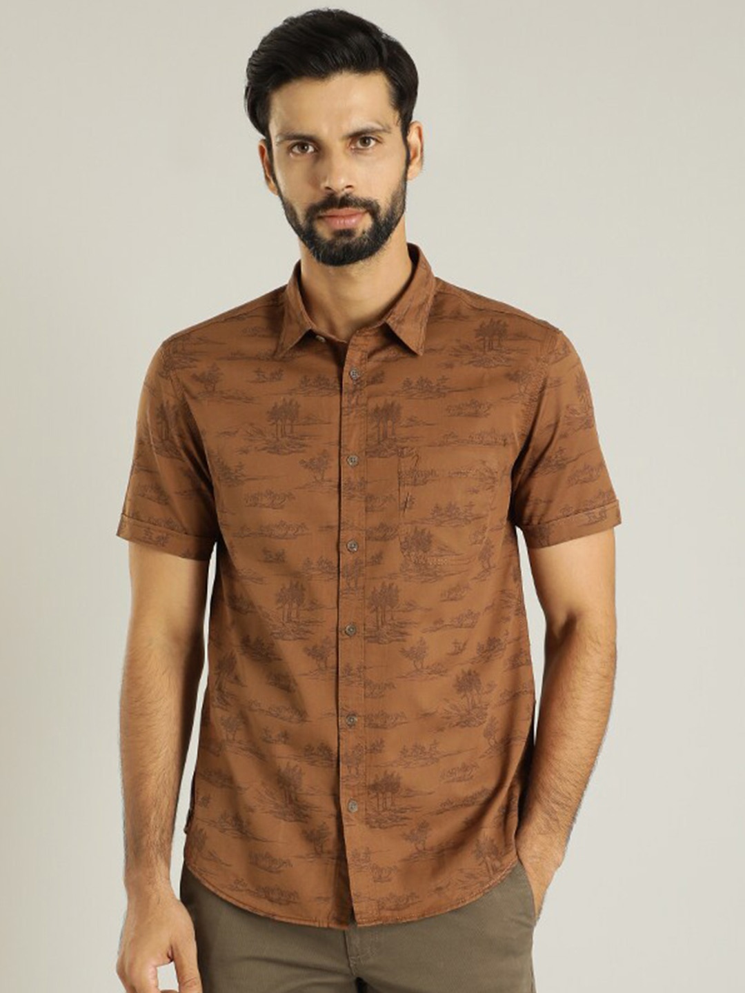 

Indian Terrain Printed Cotton Classic Casual Shirt, Khaki