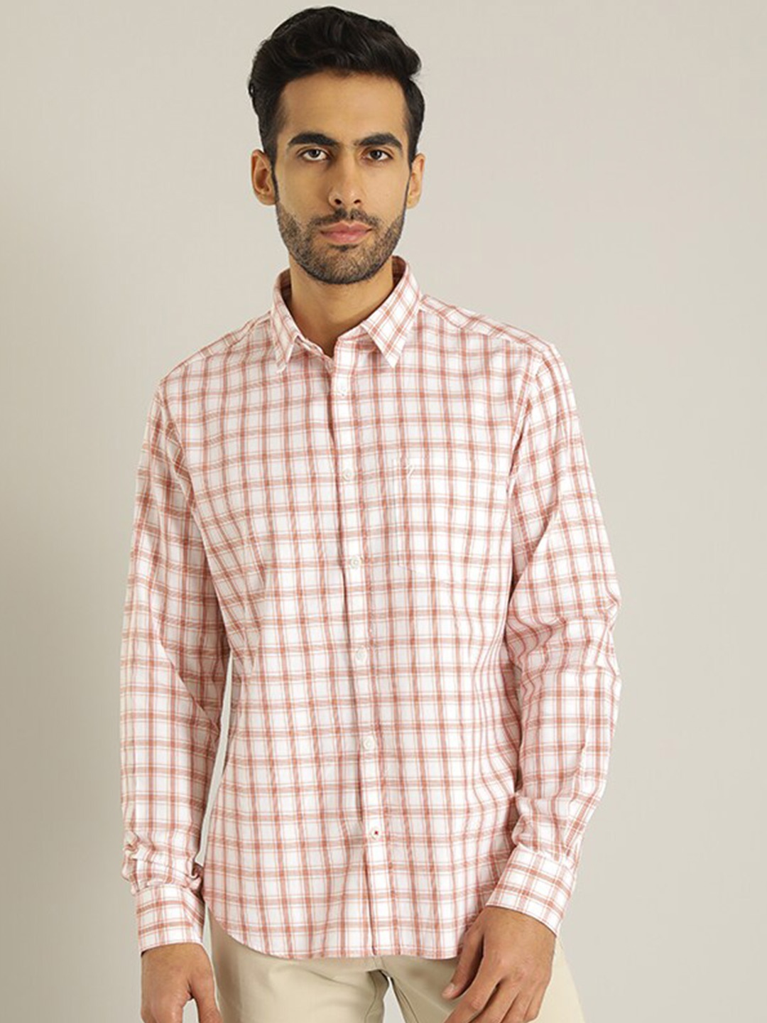 

Indian Terrain Spread Collar Tartan Checked Casual Pure Cotton Shirt, Peach