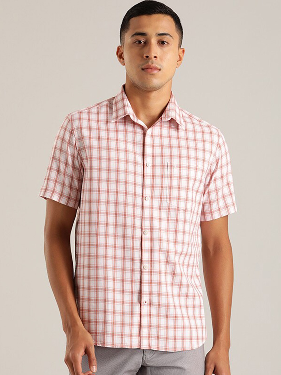 

Indian Terrain Spread Collar Tartan Checked Casual Pure Cotton Shirt, Peach