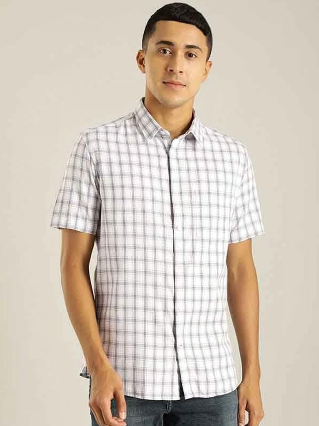 

Indian Terrain Spread Collar Windowpane Checked Casual Pure Cotton Shirt, White