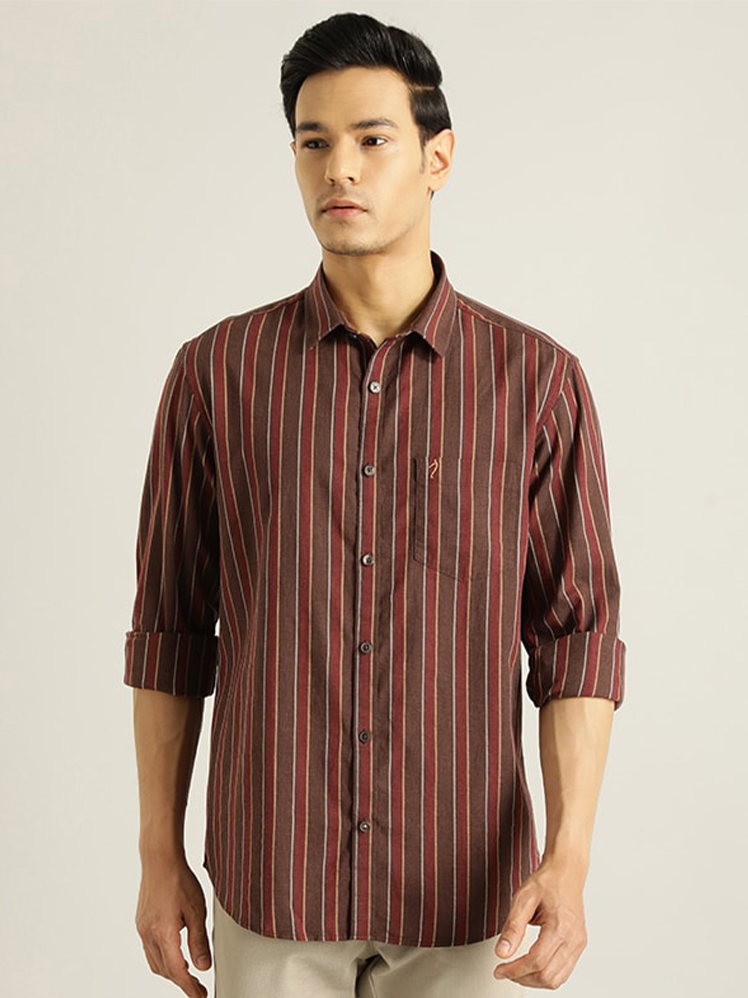 

Indian Terrain Vertical Stripes Pure Cotton Casual Shirt, Brown