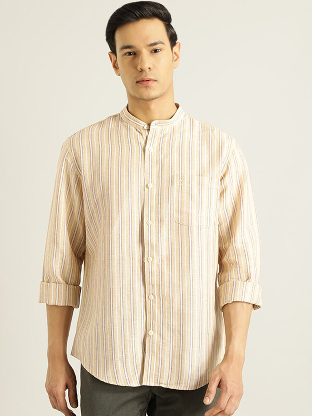 

Indian Terrain Vertical Striped Band Collar Long Sleeves Casual Shirt, Khaki