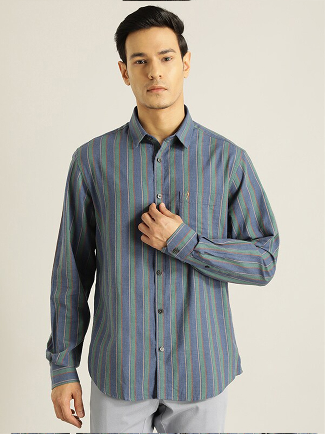 

Indian Terrain Striped Pure Cotton Casual Shirt, Navy blue