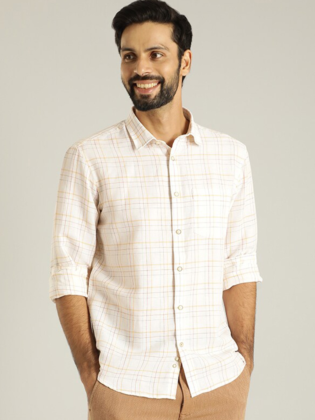 

Indian Terrain Tartan Checked Linen Cotton Casual Shirt, Off white