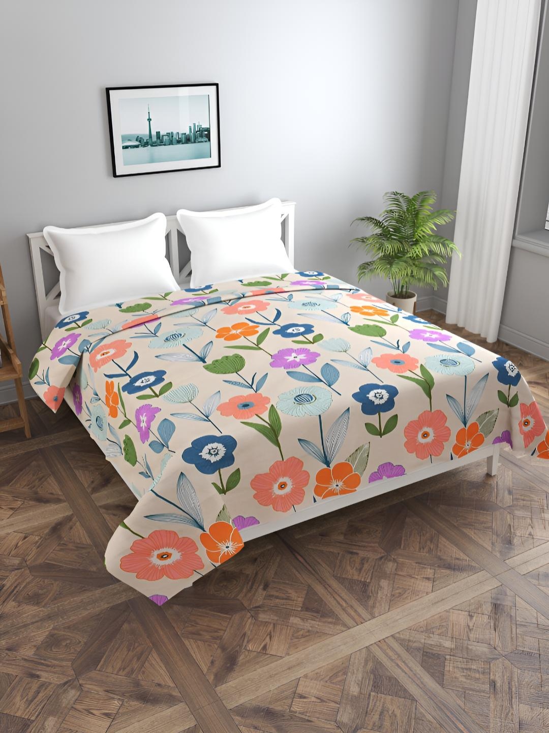 

BREVARD Off White & Orange Colored Floral Printed Double Queen Duvet Cover