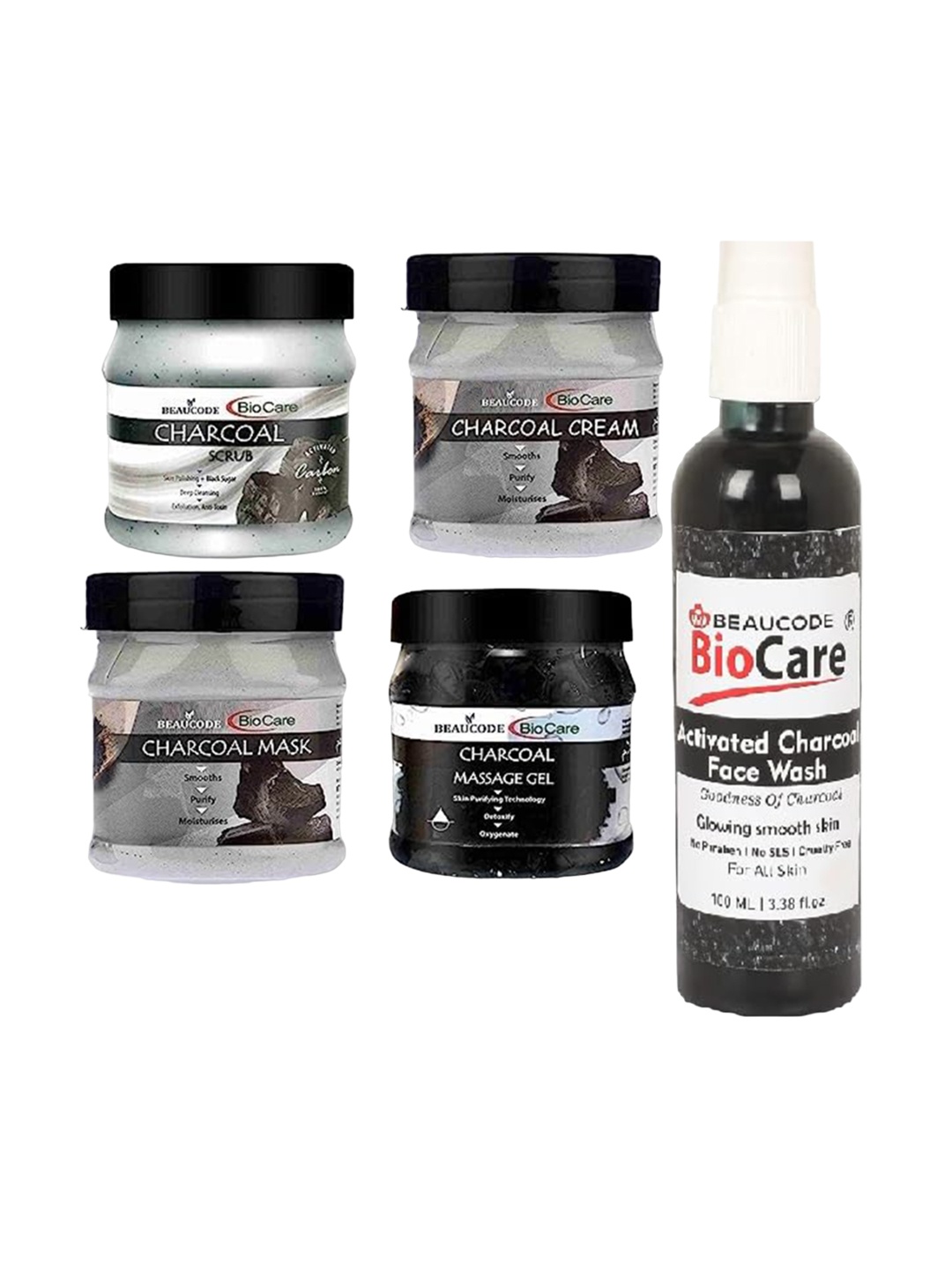 

BEAUCODE BIOCARE Set Of 5 Charcoal Cream-Mask-Gel-Scrub-250g Each-Face Wash-100ml, Black