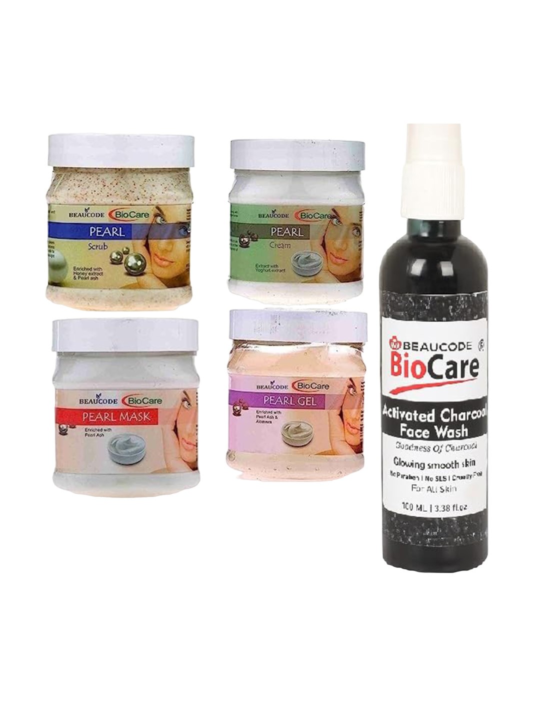 

BEAUCODE BIOCARE Set Of 5 Pearl Cream-Mask-Gel-Scrub-Activated Charcoal Face Wash, Black