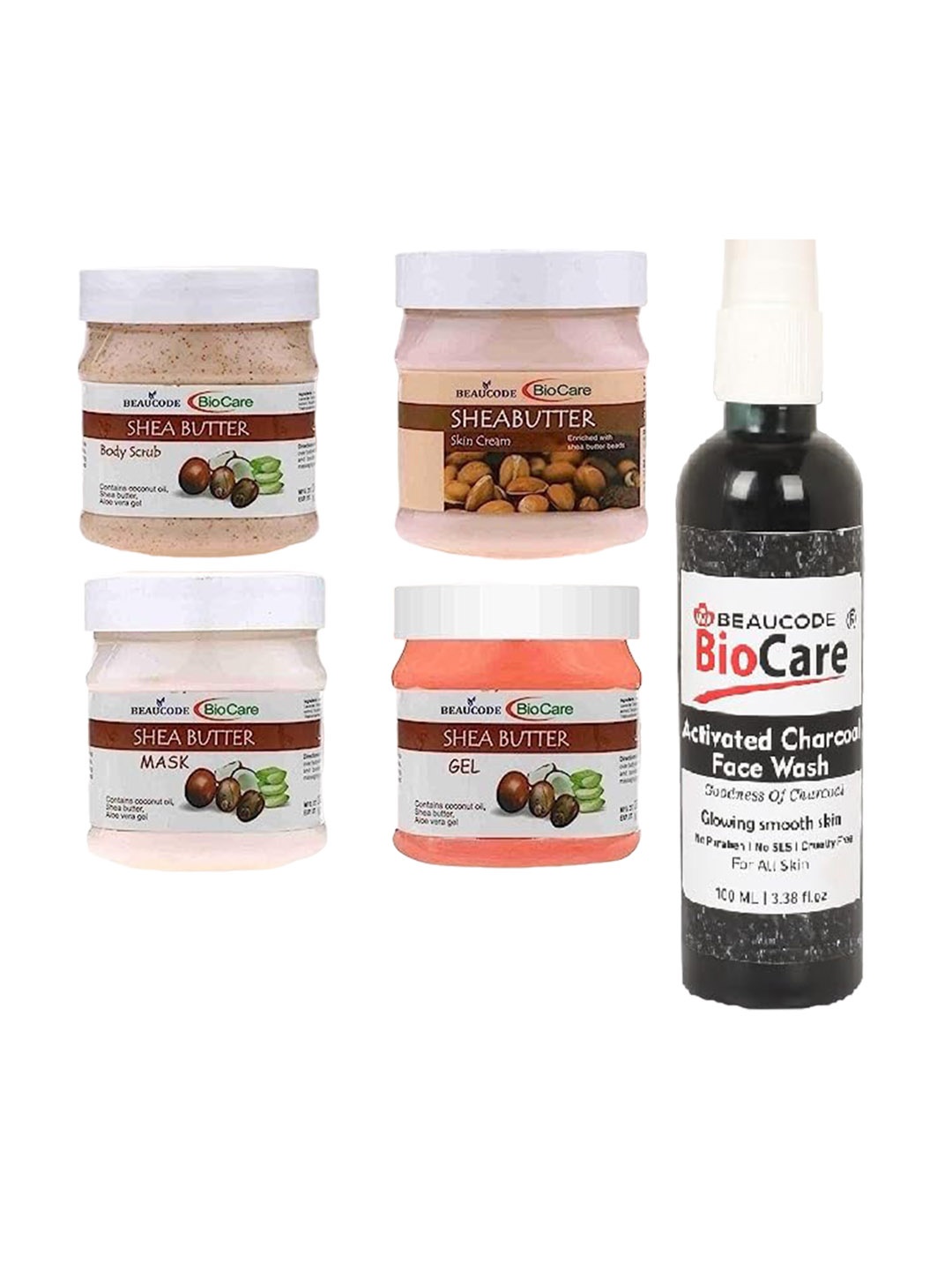 

BEAUCODE BIOCARE Set Of 5 Shea Butter Cream-Mask-Gel-Scrub-Activated Charcoal Face Wash, Black